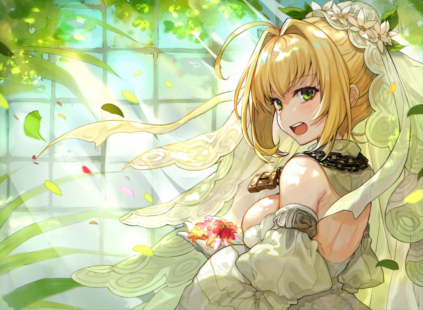 1girl :d ahoge blonde_hair breasts chains fate/grand_order fate_(series) flower gloves green_eyes hair_flower hair_intakes hair_ornament holding holding_flower lock looking_at_viewer medium_breasts nero_claudius_(bride)_(fate) nero_claudius_(fate)_(all) open_mouth padlock petals short_hair sideboob smile solo upper_body veil white_gloves yuu_(higashi_no_penguin)