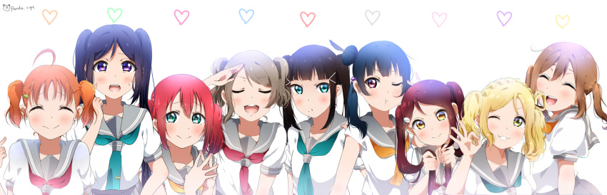 6+girls ^_^ ahoge alternate_hairstyle aqua_eyes aqua_neckwear bangs black_hair blonde_hair blue_hair blunt_bangs blush braid brown_hair closed_eyes crown_braid feathers green_eyes grey_hair grin hair_feathers hair_ornament hair_rings hairclip hands_together heart highres holding holding_hair kunikida_hanamaru kurosawa_dia kurosawa_ruby looking_at_viewer love_live! love_live!_sunshine!! matsuura_kanan mole mole_under_mouth multiple_girls neckerchief ohara_mari ok_sign one_eye_closed orange_hair panda_copt pointing pointing_at_self red_neckwear redhead round_teeth sakurauchi_riko salute school_uniform scratching_cheek serafuku short_sleeves side_bun smile takami_chika teeth tsushima_yoshiko twintails twitter_username u_u upper_body upper_teeth uranohoshi_school_uniform violet_eyes watanabe_you white_background yellow_eyes yellow_neckwear