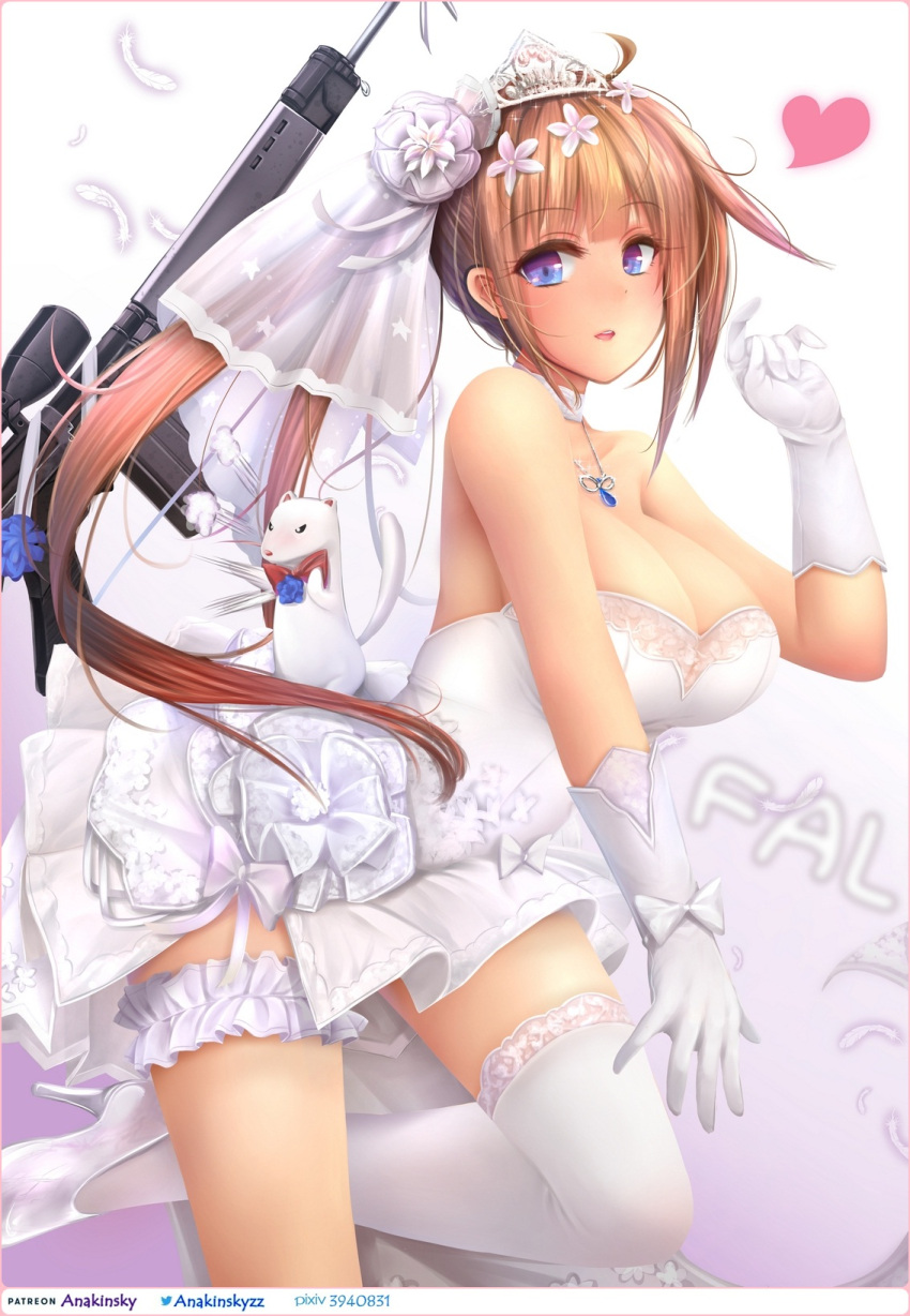 1girl ahoge anakin_sky_(utcc) animal bangs bare_shoulders battle_rifle blonde_hair blue_eyes blush bow breasts character_name choker cleavage dress eyebrows_visible_through_hair eyes_visible_through_hair fal_(girls_frontline) feathers flower fn_fal girls_frontline glove_bow gloves gradient gradient_background gun hair_flower hair_ornament hand_up headdress heart high_heels highres jewelry lace lace-trimmed_thighhighs lace_trim large_breasts leg_garter long_hair looking_at_viewer magazine_(weapon) necklace one_leg_raised open_mouth patreon_username pixiv_id pixiv_username red_bow red_neckwear rifle scope side_ponytail sidelocks single_thighhigh sparkle star thigh-highs tiara twitter_username upper_teeth very_long_hair weapon wedding_dress white_bow white_dress white_gloves white_legwear