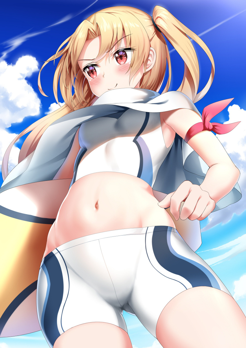 1girl absurdres arm_ribbon azur_lane bike_shorts blonde_hair blue_sky blush cleveland_(azur_lane) day from_below gluteal_fold highres holding_surfboard midriff navel nedia_(nedia_region) red_eyes red_ribbon ribbon shorts sky sleeveless smile solo standing surfboard tank_top white_shorts white_tank_top