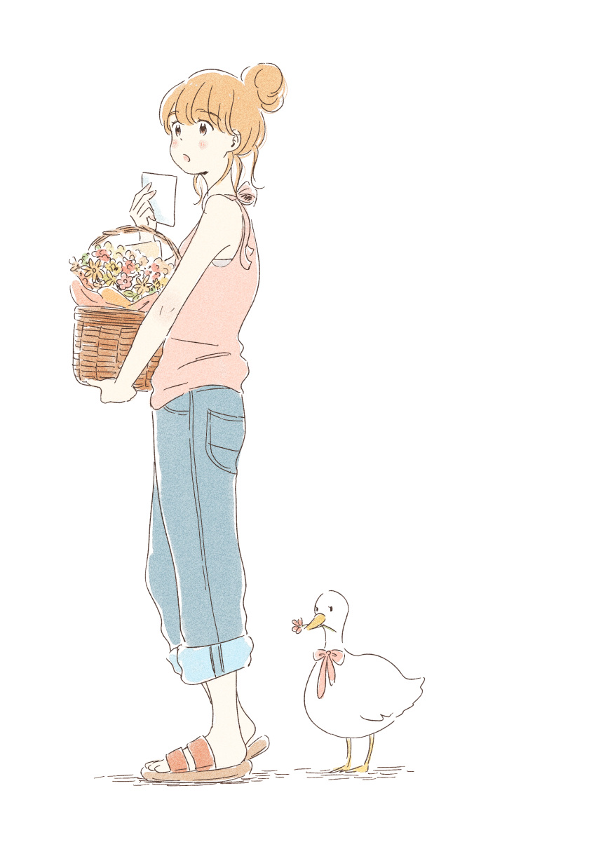 1girl :o absurdres animal backlighting bangs bare_arms basket bird blunt_bangs blush_stickers brown_eyes denim duck eyebrows_visible_through_hair flower flower_basket from_side full_body hair_bun hand_up highres holding holding_basket holding_paper itunohika jeans leg_lift light_brown_hair looking_away note open_mouth original pants pants_rolled_up paper pink_ribbon pocket red_footwear ribbon sandals shadow simple_background sleeveless standing tareme white_background