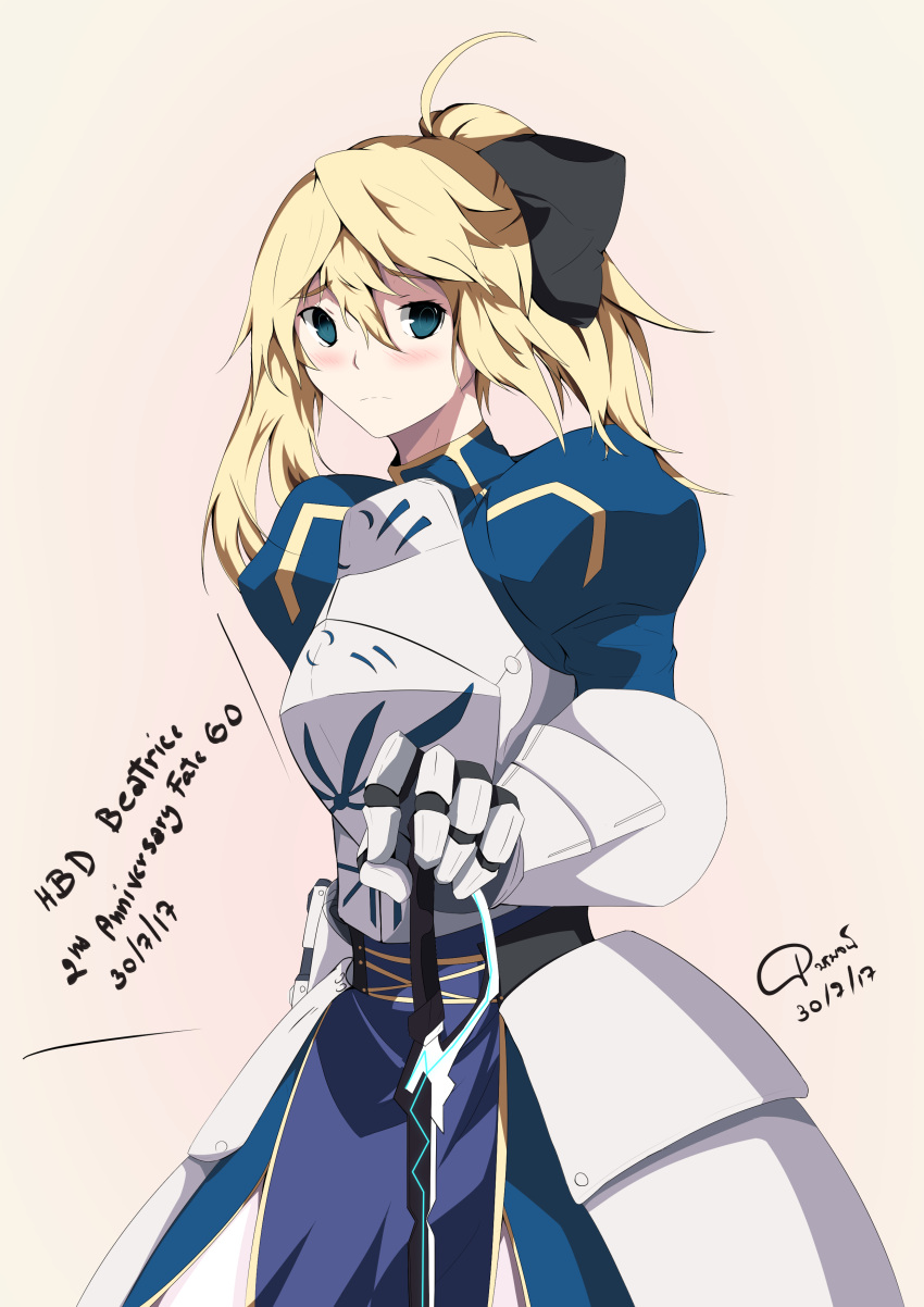 1girl absurdres armor armored_dress artoria_pendragon_(all) beatrice_waltrud_von_kircheisen blonde_hair breasts cosplay crossover dated dies_irae fate/stay_night fate_(series) gauntlets green_eyes highres medium_breasts pornpojbeatrice saber saber_(cosplay) solo weapon
