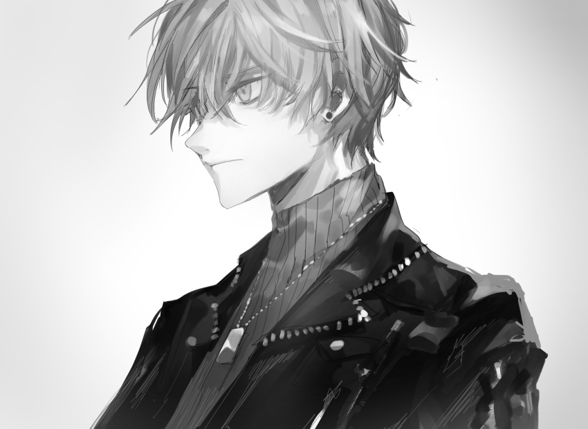 1boy black_jacket ear_piercing from_side gradient gradient_background grey_background greyscale highres jacket long_sleeves male_focus monochrome original piercing solo tsugutoku white_background