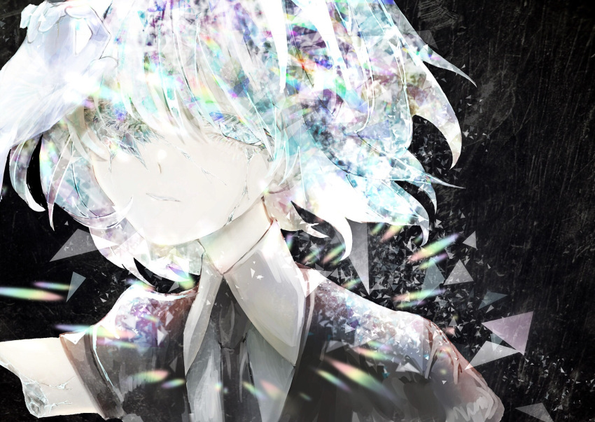 1other androgynous artist_request black_neckwear broken commentary crack crystal_hair diamond diamond_(houseki_no_kuni) gem gem_uniform_(houseki_no_kuni) glowing highres houseki_no_kuni multicolored_hair shards sparkle white_eyes