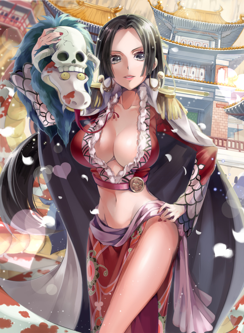 1girl architecture black_eyes black_hair boa_hancock breasts cape cleavage earrings east_asian_architecture epaulettes fur_trim hand_on_hip highres jewelry large_breasts lips long_hair long_sleeves midriff navel one_piece salome_(one_piece) shichibukai skull snake snake_earrings white_cape yache
