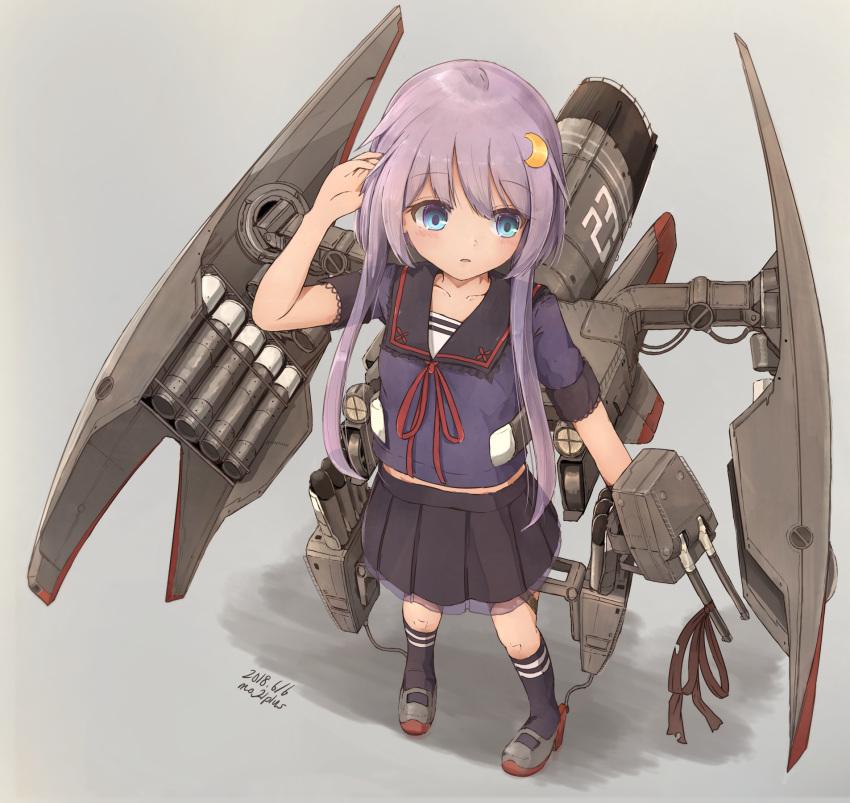 1girl black_legwear black_serafuku black_skirt blue_eyes crescent crescent_hair_ornament dated depth_charge depth_charge_projector from_above full_body grey_footwear hair_ornament hand_in_hair highres kantai_collection looking_to_the_side machinery midriff munehiro_(21plus) pleated_skirt purple_hair school_uniform serafuku short_hair short_hair_with_long_locks skirt solo torpedo turrets twitter_username yayoi_(kantai_collection)
