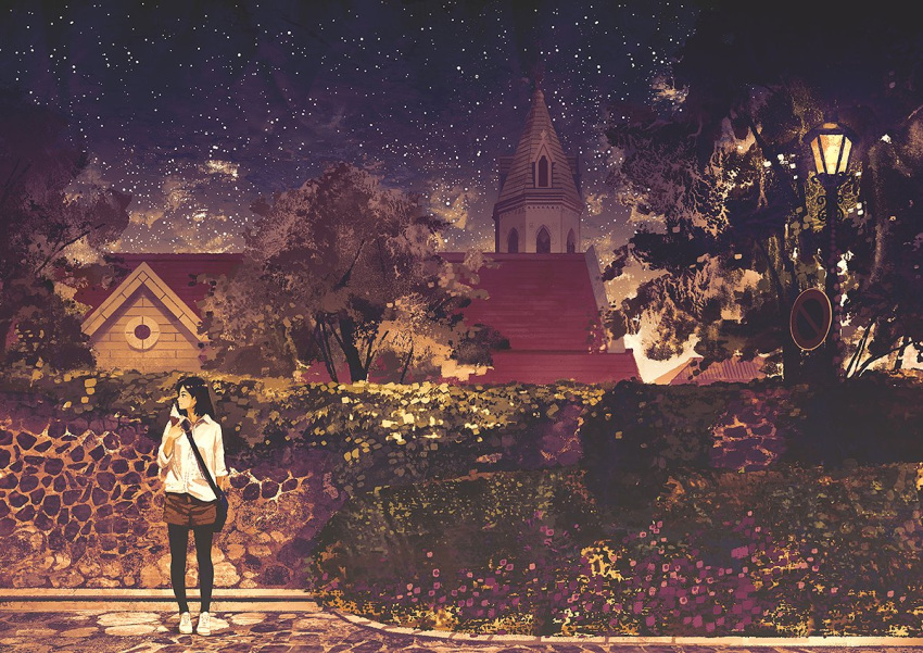 1girl bag brown_hair bush church collared_shirt commentary_request flower gemi hand_up ivy lamppost looking_to_the_side night night_sky original outdoors pantyhose shirt shorts shoulder_bag sky solo standing star_(sky) starry_sky tree wall white_shirt yellow_shorts