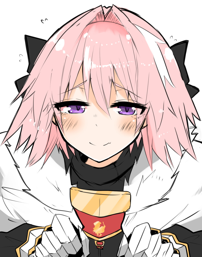 1boy armor astolfo_(fate) black_bow black_ribbon blush bow cape commentary_request fang fate/apocrypha fate_(series) fur_trim gauntlets hair_intakes hair_ribbon half-closed_eyes highres male_focus multicolored_hair pink_hair ribbon simple_background sketch smile solo streaked_hair takasaki_aneki trap violet_eyes white_background white_hair
