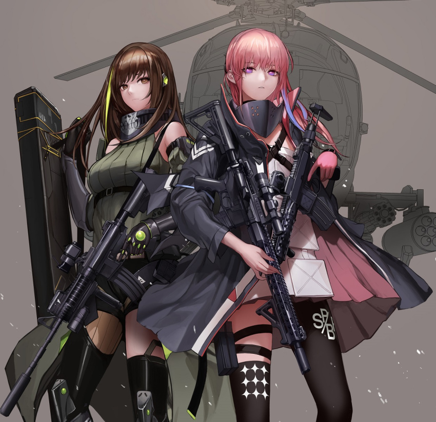 2girls aircraft ar-15 arm_guards armband armor assault_rifle bangs black_cloak black_eyes black_gloves black_hair blonde_hair braid breasts closed_mouth clothes_around_waist detached_sleeves digi-mind_update_(girls_frontline) dress dual_wielding expressionless eyebrows_visible_through_hair floating_hair gas_mask girls_frontline gloves gun hair_between_eyes hair_ornament headgear headphones helicopter highres holding holding_gun holding_strap holding_weapon holster jacket jacket_around_waist light_particles logo long_hair long_sleeves looking_at_viewer m4_carbine m4a1_(girls_frontline) magpul medium_breasts monaim multicolored_hair multiple_girls outdoors parted_lips pink_eyes pink_hair ponytail ribbed_legwear ribbed_sweater ribbon rifle scarf sidelocks single_thighhigh smile st_ar-15_(girls_frontline) standing streaked_hair sweater sweater_vest tactical_clothes thigh-highs thigh_holster thigh_strap thighs torn_clothes trigger_discipline very_long_hair weapon weapon_case white_hair
