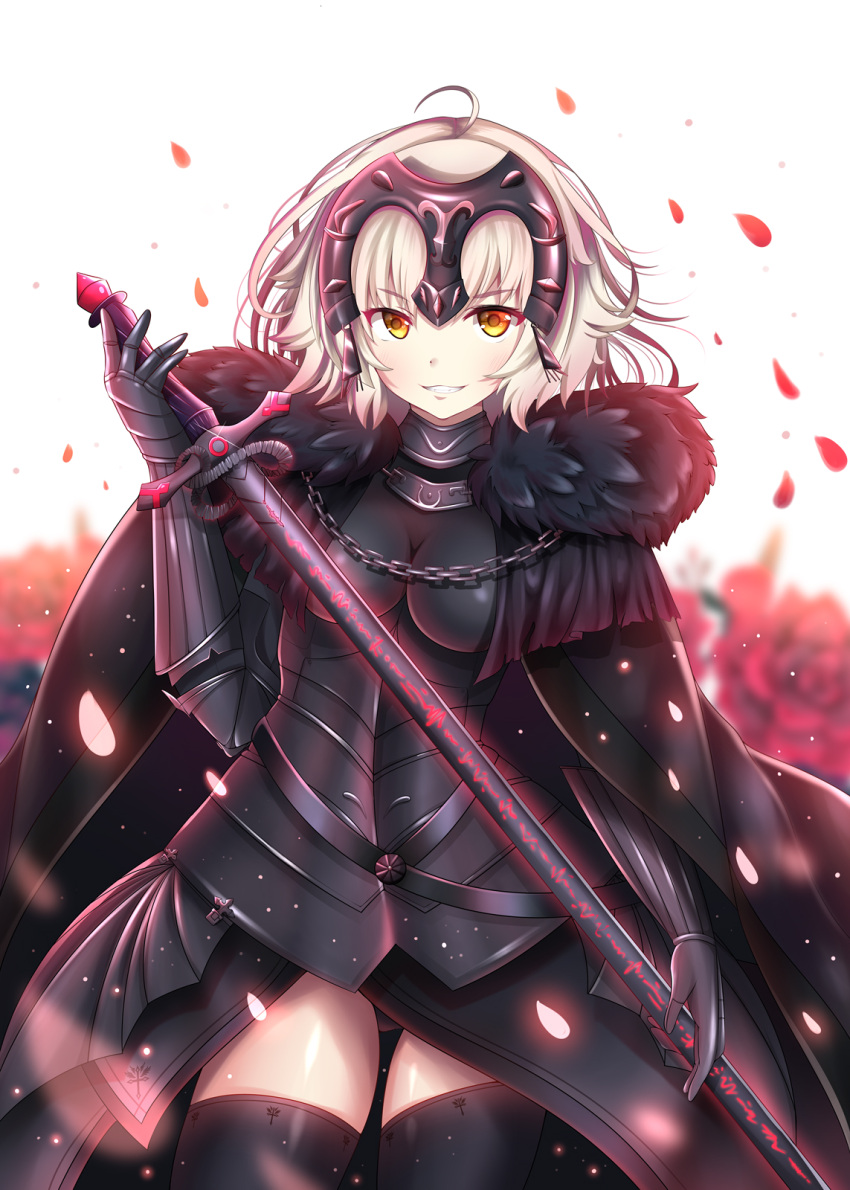 1girl ahoge black_armor black_cape black_gloves black_legwear blonde_hair cape chains fate/grand_order fate_(series) flower fur_trim gloves grin headpiece highres holding holding_sword holding_weapon jeanne_d'arc_(alter)_(fate) jeanne_d'arc_(fate)_(all) lokyin_house looking_at_viewer petals red_flower red_rose rose short_hair smile solo sword thigh-highs weapon white_background yellow_eyes