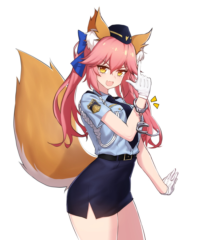 absurdres animal_ears breasts cuffs fang fate/extella fate/extra fate_(series) female_service_cap fox_ears fox_tail gloves handcuffs hat highres large_breasts miniskirt narynn necktie open_mouth pencil_skirt pink_hair police police_hat police_uniform policewoman simple_background skirt tail tamamo_(fate)_(all) tamamo_no_mae_(fate) uniform white_background yellow_eyes