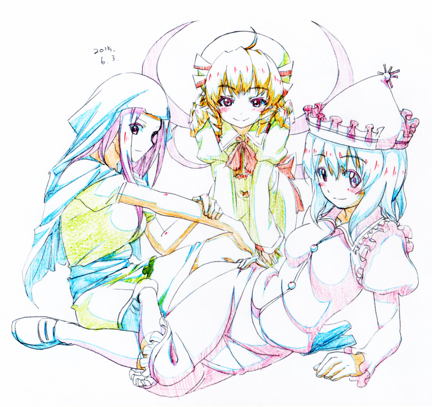 3girls ahoge blonde_hair blue_hair blush bow bowtie character_request closed_mouth colored_pencil_(medium) dated drill_hair graphite_(medium) hat head_scarf juliet_sleeves long_hair long_sleeves looking_at_viewer multiple_girls pink_hair pink_hat pink_x puffy_short_sleeves puffy_sleeves reclining red_neckwear sash shoes short_sleeves simple_background sitting smile socks solo touhou traditional_media vest white_background white_legwear