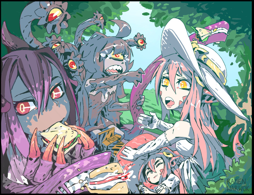 4girls absurdres ahoge animal_ears artist_name bare_shoulders black_border black_hair blue_sky border cherry_(snekfag) claws closed_eyes commentary commission crossover cyclops day dragon_girl dragon_horns dragon_wings dress eating elbow_gloves english_commentary extra_eyes extra_mouth food food_theft forest gazer_(monster_girl_encyclopedia) gloves hair_between_eyes hair_ornament hat head_fins heart highres holding holding_food horns jabberwock_(monster_girl_encyclopedia) lamia long_hair looking_at_another miia_(monster_musume) monster_girl monster_girl_encyclopedia monster_musume_no_iru_nichijou multiple_girls nature one-eyed open_mouth original outdoors picnic picnic_basket pointy_ears purple_hair ramenwarwok red_eyes redhead sandwich signature sky smile sun_hat sundress tears tentacle tree tumblr_username white_dress white_gloves wide-eyed wings yellow_eyes yellow_sclera