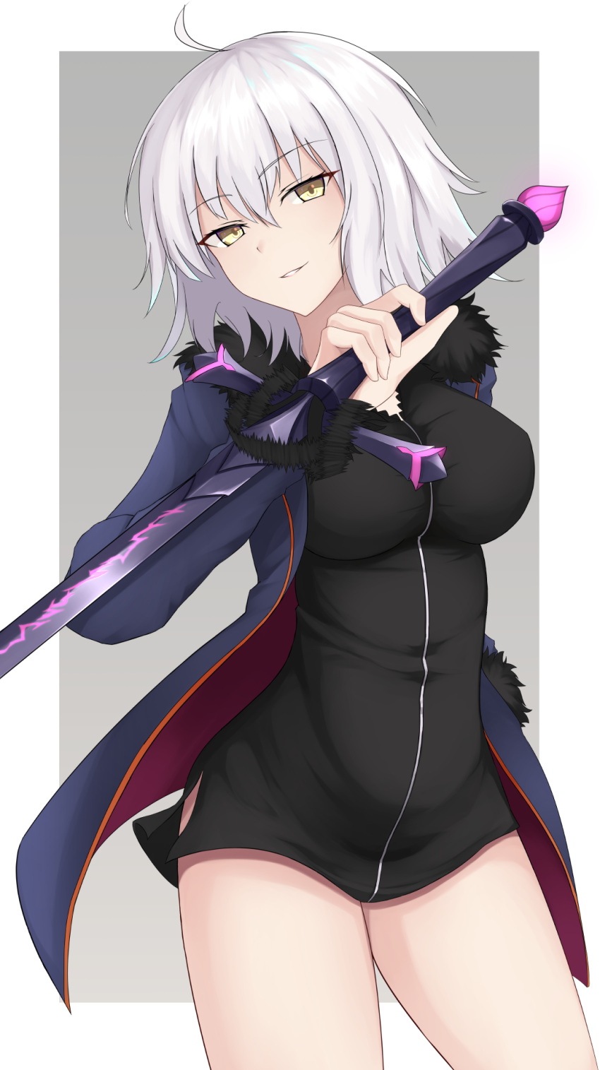 1girl ahoge bangs black_dress blue_coat breasts coat cowboy_shot dress eyebrows_visible_through_hair fate/grand_order fate_(series) fur_trim hair_between_eyes highres holding holding_sword holding_weapon jeanne_d'arc_(alter)_(fate) jeanne_d'arc_(fate)_(all) large_breasts long_hair nankaichimu open_clothes open_coat parted_lips short_dress silver_hair smile solo standing sword weapon yellow_eyes
