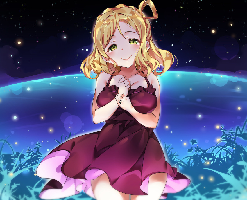 1girl :&gt; blonde_hair blush braid breasts cleavage clenched_hand collarbone cowboy_shot crown_braid dress green_eyes hair_rings half-closed_eyes hand_on_own_chest highres holding_own_wrist jewelry looking_at_viewer love_live! love_live!_sunshine!! night ohara_mari outdoors purple_dress ring sky smile solo sparkle star_(sky) starry_sky tem10