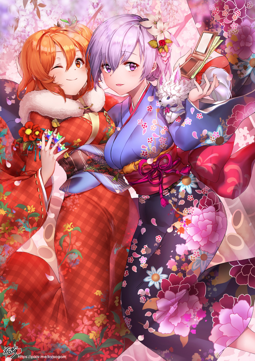 2girls ;) animal animal_on_shoulder between_fingers breasts brown_eyes brown_hair commentary_request eyebrows_visible_through_hair fate/grand_order fate_(series) floral_print flower fou_(fate/grand_order) fujimaru_ritsuka_(female) hair_flower hair_ornament highres japanese_clothes kimono kyjsogom mash_kyrielight medium_breasts money multiple_girls obi one_eye_closed one_side_up purple_hair saint_quartz sash short_hair smile star violet_eyes wallet