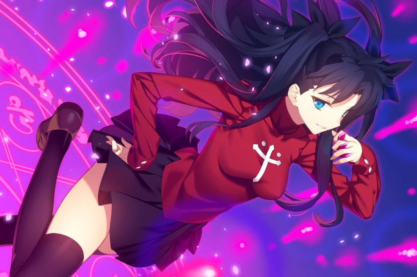 1girl :d bangs black_hair black_legwear black_ribbon black_skirt blue_eyes fate/stay_night fate_(series) gem hair_ribbon hand_on_hip leg_up light_particles long_hair looking_at_viewer magic_circle open_mouth parted_bangs pleated_skirt red_sweater ribbon shoes skirt smile solo sweater thigh-highs tohsaka_rin turtleneck turtleneck_sweater two_side_up yangsion zettai_ryouiki
