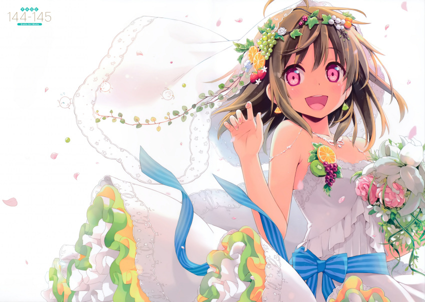 1girl absurdres blush bouquet breasts bridal_veil dress earrings eretto eyebrows_visible_through_hair flower highres holding holding_bouquet jewelry looking_at_viewer medium_breasts open_mouth original scan smile solo veil wedding_dress white_dress