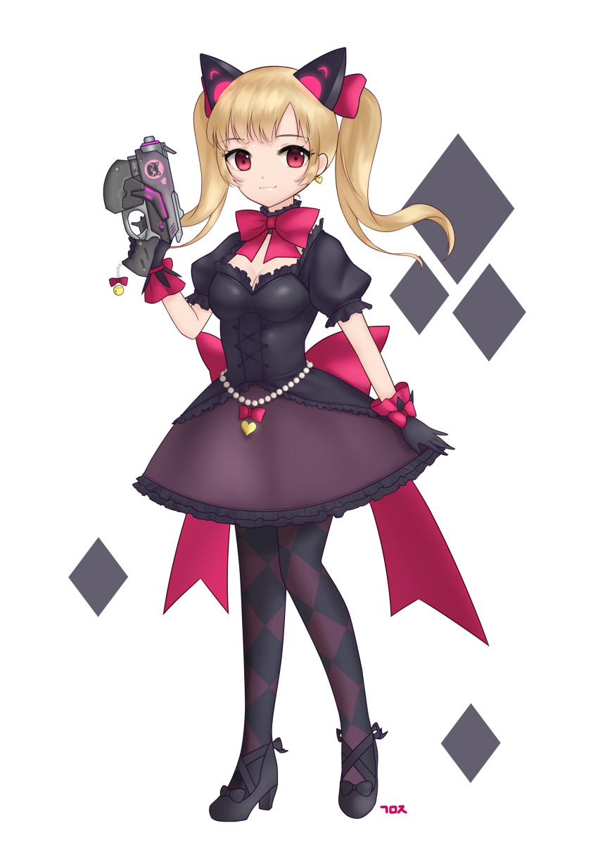 1girl absurdres alternate_costume animal_ears argyle argyle_legwear bell black_cat_d.va black_dress black_footwear black_gloves blonde_hair bow bowtie breasts cat_ears charm_(object) cleavage corset d.va_(overwatch) dress earrings eyebrows_visible_through_hair frilled_dress frills full_body gamoja gloves gun handgun heart heart_earrings high_heels highres holding holding_gun holding_weapon jewelry jingle_bell large_bow light_smile lolita_fashion looking_at_viewer medium_breasts medium_hair overwatch pink_bow pistol puffy_short_sleeves puffy_sleeves purple_skirt red_eyes short_sleeves signature simple_background skirt solo twintails weapon white_background