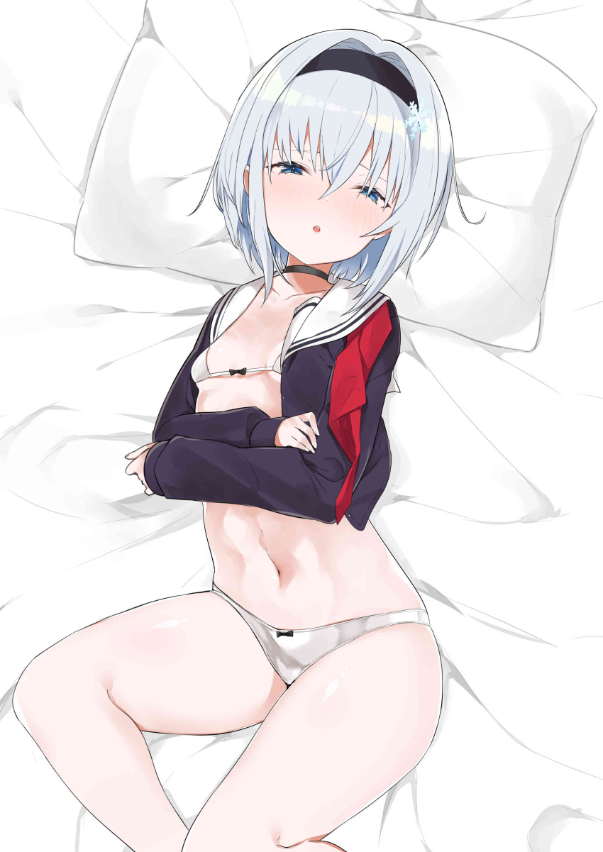 1girl absurdres bed_sheet blue_eyes bra breasts choker crossed_arms hair_ornament hairband highres long_sleeves looking_at_viewer lying mitsudoue navel on_back open_clothes open_shirt panties parted_lips ryuuou_no_oshigoto! sailor_collar sailor_shirt shirt short_hair silver_hair sleeves_past_wrists small_breasts solo sora_ginko underwear white_bra white_panties