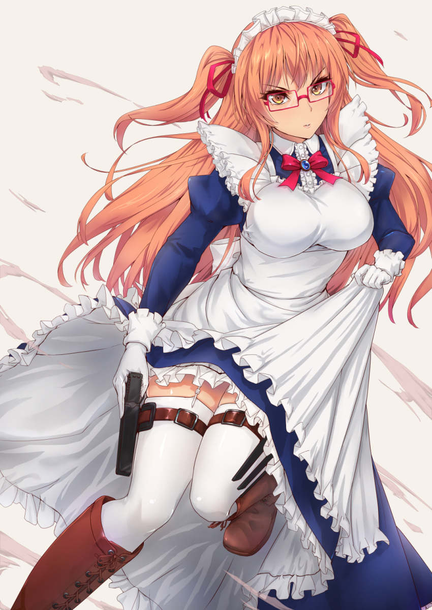 1girl apron bangs boots bow bowtie breasts brown_eyes brown_footwear commentary_request detached_sleeves dress eyebrows_visible_through_hair frills garter_straps glasses gloves gun handgun highres holding holster juliet_sleeves large_breasts long_hair long_sleeves looking_at_viewer maid maid_apron maid_headdress one_leg_raised orange_hair original parted_lips puffy_sleeves serious short_twintails sidelocks simple_background solo thigh_holster tori@gununu twintails weapon white_gloves white_legwear