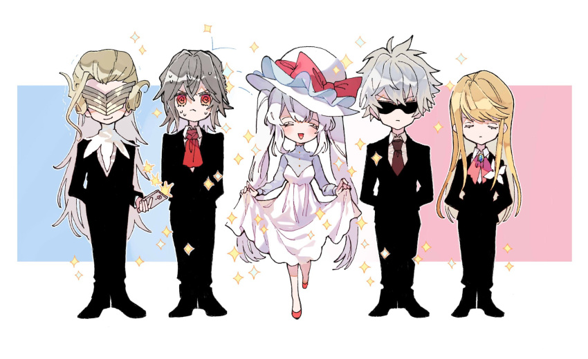 1girl 1other 3boys :&lt; @_@ alternate_costume antonio_salieri_(fate/grand_order) arms_behind_back ayatsuku82 blonde_hair cellphone charles_henri_sanson_(fate/grand_order) chevalier_d'eon_(fate/grand_order) closed_eyes commentary facing_viewer fate/grand_order fate_(series) formal grey_hair hat highres holding holding_cellphone holding_phone long_hair long_sleeves marie_antoinette_(fate/grand_order) mask multiple_boys necktie open_mouth phone red_eyes short_hair silver_hair smile sparkle standing suit sunglasses sweat taking_picture very_long_hair white_hat wolfgang_amadeus_mozart_(fate/grand_order)
