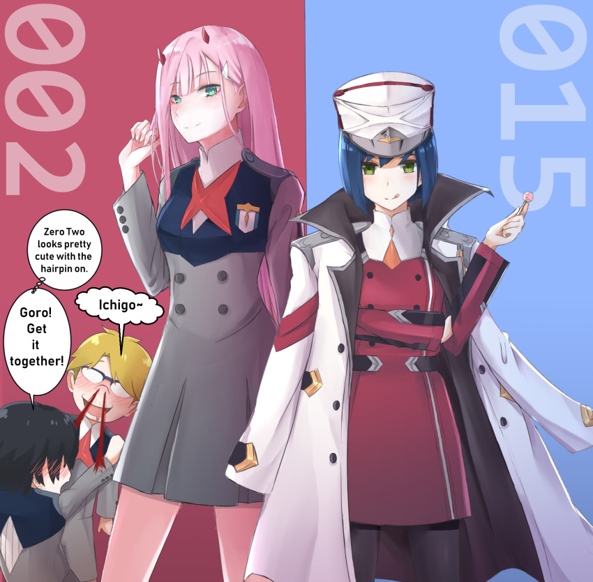 2boys 2girls alternate_costume black_hair black_legwear blonde_hair blood blush candy character_name commentary cosplay crossdressinging darling_in_the_franxx emaxart english english_commentary food glasses gorou_(darling_in_the_franxx) green_eyes hair_ornament hairclip hat highres hiro_(darling_in_the_franxx) holding holding_food horns ichigo_(darling_in_the_franxx) ichigo_(darling_in_the_franxx)_(cosplay) jacket_on_shoulders lollipop long_hair looking_at_viewer military military_uniform multiple_boys multiple_girls nosebleed orange_neckwear pantyhose peaked_cap pilot_suit pink_hair red_horns school_uniform short_hair smile speech_bubble tongue tongue_out uniform zero_two_(darling_in_the_franxx) zero_two_(darling_in_the_franxx)_(cosplay)