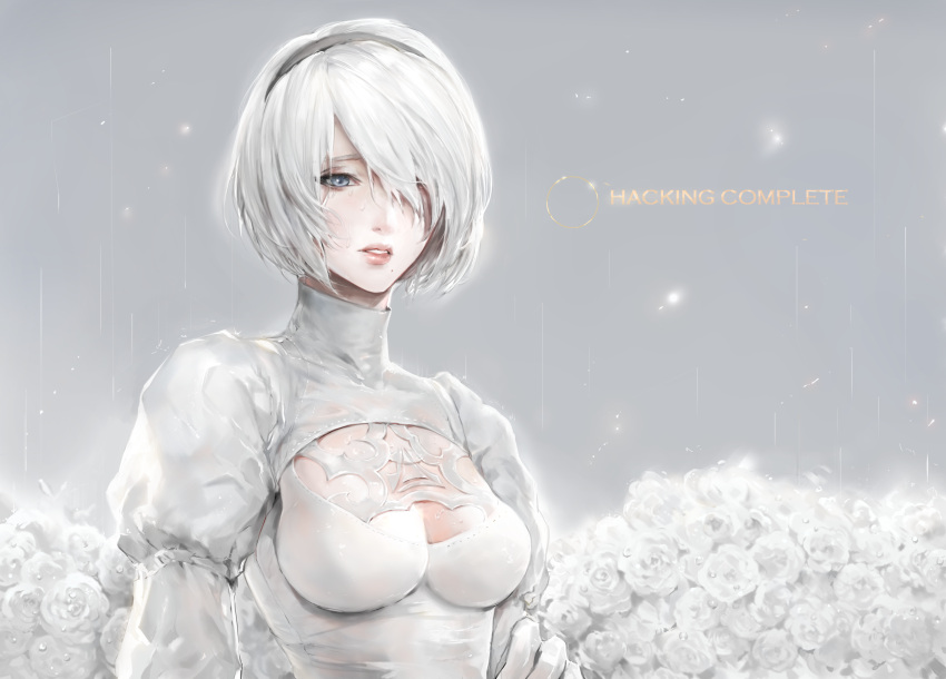 1girl absurdres alternate_color bangs blue_eyes breasts cleavage cleavage_cutout commentary dress english flower gloves grey_background grey_hairband hair_over_one_eye hairband highres juliet_sleeves light_particles long_sleeves looking_away looking_down medium_breasts mole mole_under_mouth mucuzi nier_(series) nier_automata no_blindfold parted_bangs parted_lips puffy_sleeves rain rose sad short_hair solo turtleneck upper_body wet white_dress white_flower white_gloves white_hair white_rose yorha_no._2_type_b