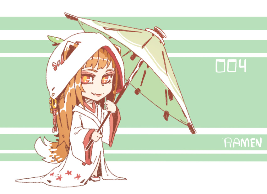 animal_ears artist_name brown_hair chibi closed_mouth commentary ears_through_headwear english_commentary fang fang_out green_background highres holding holo long_hair long_sleeves looking_at_viewer parasol ramenwarwok red_eyes robe sandals smile spice_and_wolf standing tail tumblr_username umbrella wide_sleeves wolf_ears wolf_tail yellow_eyes