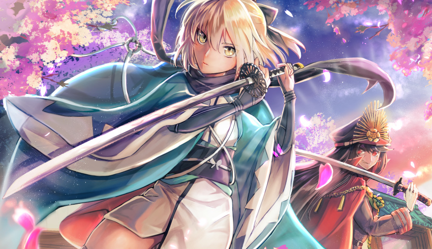 2girls black_bow black_hair black_scarf blonde_hair blue blue_sky bow cherry_blossoms fate/grand_order fate_(series) floating_hair from_below grin hair_between_eyes hair_bow haori hat highres holding holding_sword holding_weapon japanese_clothes katana kimono kimono_skirt long_hair looking_back military_hat multiple_girls oda_nobunaga_(fate) okita_souji_(fate) onekoneko outdoors petals pixiv_fate/grand_order_contest_2 red_eyes scarf short_hair sky smile star_(sky) starry_sky sword very_long_hair weapon white_kimono yellow_eyes
