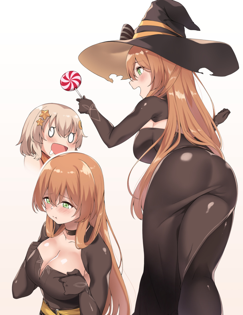 2girls absurdres alternate_costume ass bangs black_dress black_gloves black_legwear blonde_hair blush breasts brown_hair candy character_request cleavage_cutout collarbone commentary_request dress eyebrows_visible_through_hair food from_above from_behind girls_frontline gloves green_eyes hair_between_eyes hat highres large_breasts leaning_forward lips long_dress long_hair looking_at_another looking_down m1903_springfield_(girls_frontline) multiple_girls open_mouth pout shiny shiny_clothes shiny_skin sidelocks spicy_moo witch witch_hat
