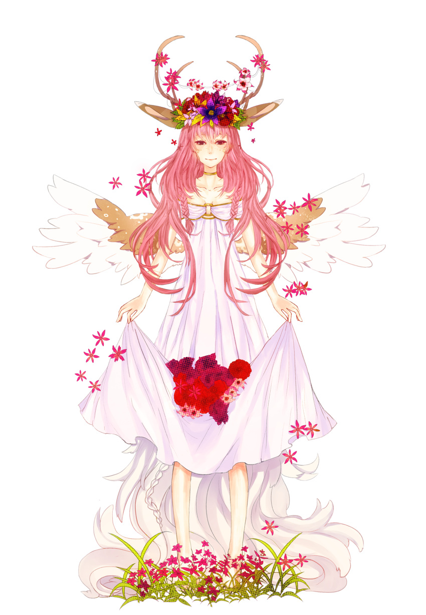 1girl absurdres animal_ears barefoot choker closed_mouth commission deer_ears dress flower full_body grass head_wreath high_heels highres long_hair looking_at_viewer original osiimi pink_flower pink_hair purple_flower red_eyes red_flower simple_background skirt_hold smile solo standing white_background white_dress wings yellow_choker