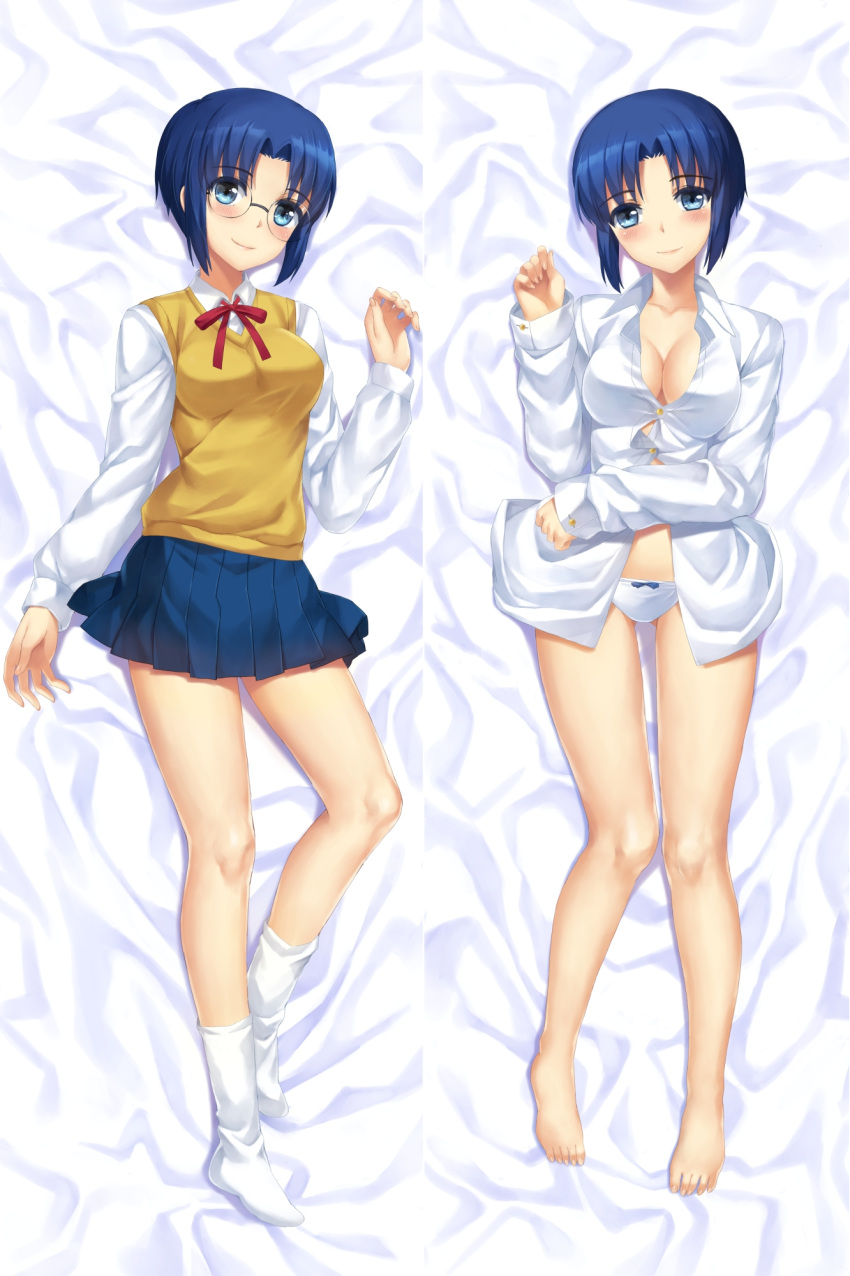 1girl barefoot blue_eyes blue_hair blue_skirt blush bow bow_panties breasts ciel closed_mouth commentary_request dakimakura glasses highres looking_at_viewer lying neck_ribbon on_back panties pleated_skirt red_neckwear red_ribbon ribbon shirt short_hair skirt smile socks solo standing tonee tsukihime underwear vest white_legwear white_panties white_shirt yellow_vest