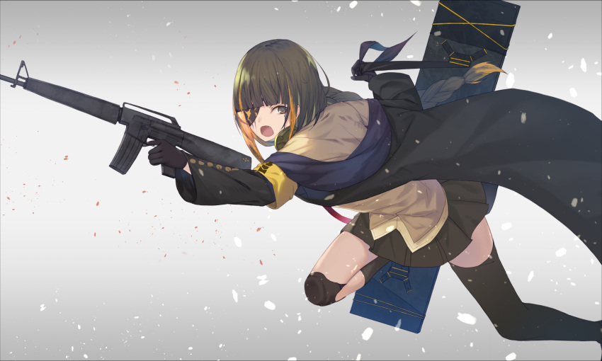 1girl absurdres assault_rifle bangs black_gloves black_hair black_skirt blonde_hair braid eyepatch fang girls_frontline gloves gun highres holding holding_gun holding_weapon jacket knee_pads long_hair m16 m16a1 m16a1_(girls_frontline) mole mole_under_eye multicolored_hair open_mouth pleated_skirt rifle skirt solo streaked_hair takayama_shirane weapon