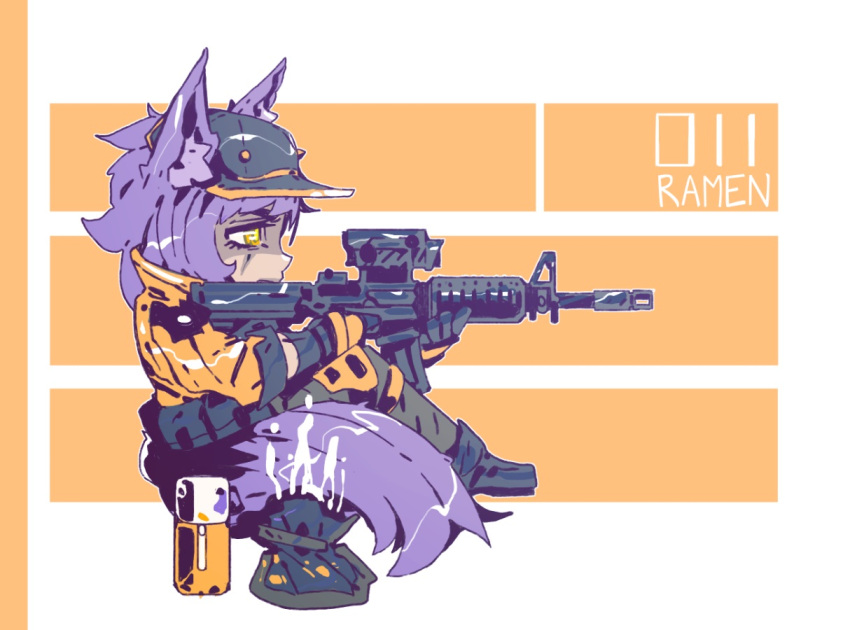 aiming animal_ears artist_name assault_rifle boots commentary english_commentary finger_on_trigger from_side gloves gun hat holding holding_gun holding_weapon jacket monster_girl original pants purple_hair ramenwarwok rifle scar scar_across_eye scope sitting tactical_clothes tail tumblr_username weapon weapon_request wolf_ears wolf_tail yellow_eyes