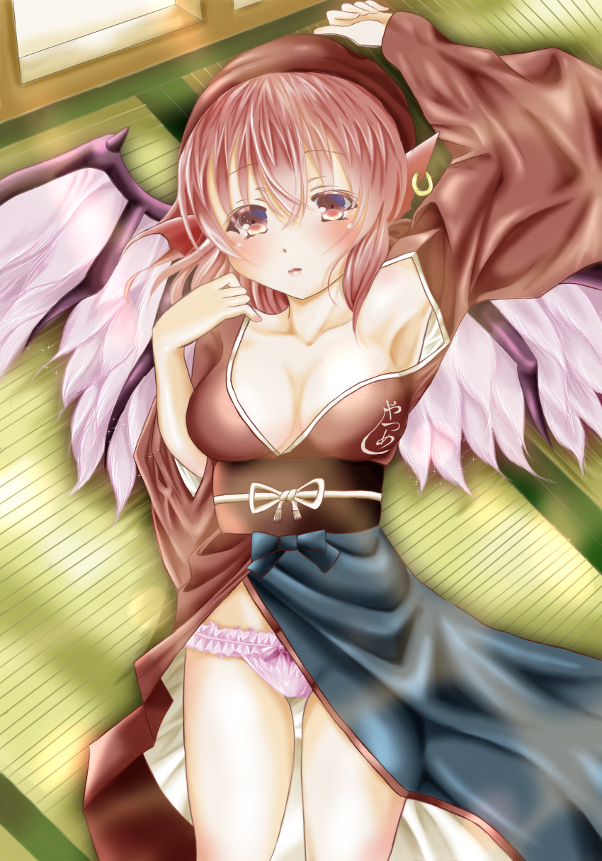 1girl absurdres apron arm_above_head arm_up armpits bangs bird_wings blush breasts brown_kimono cleavage cropped_legs earrings eyebrows_visible_through_hair feathered_wings frilled_panties frills hair_between_eyes hand_on_own_shoulder hat highres hoop_earrings indoors japanese_clothes jewelry kimono lavender_panties looking_at_viewer lying medium_breasts mystia_lorelei obi okamisty on_back on_floor open_mouth panties parted_lips pink_eyes pink_hair pointy_ears sash short_hair single_earring sliding_doors solo suigetsu_minamo tareme tatami touhou underwear wings