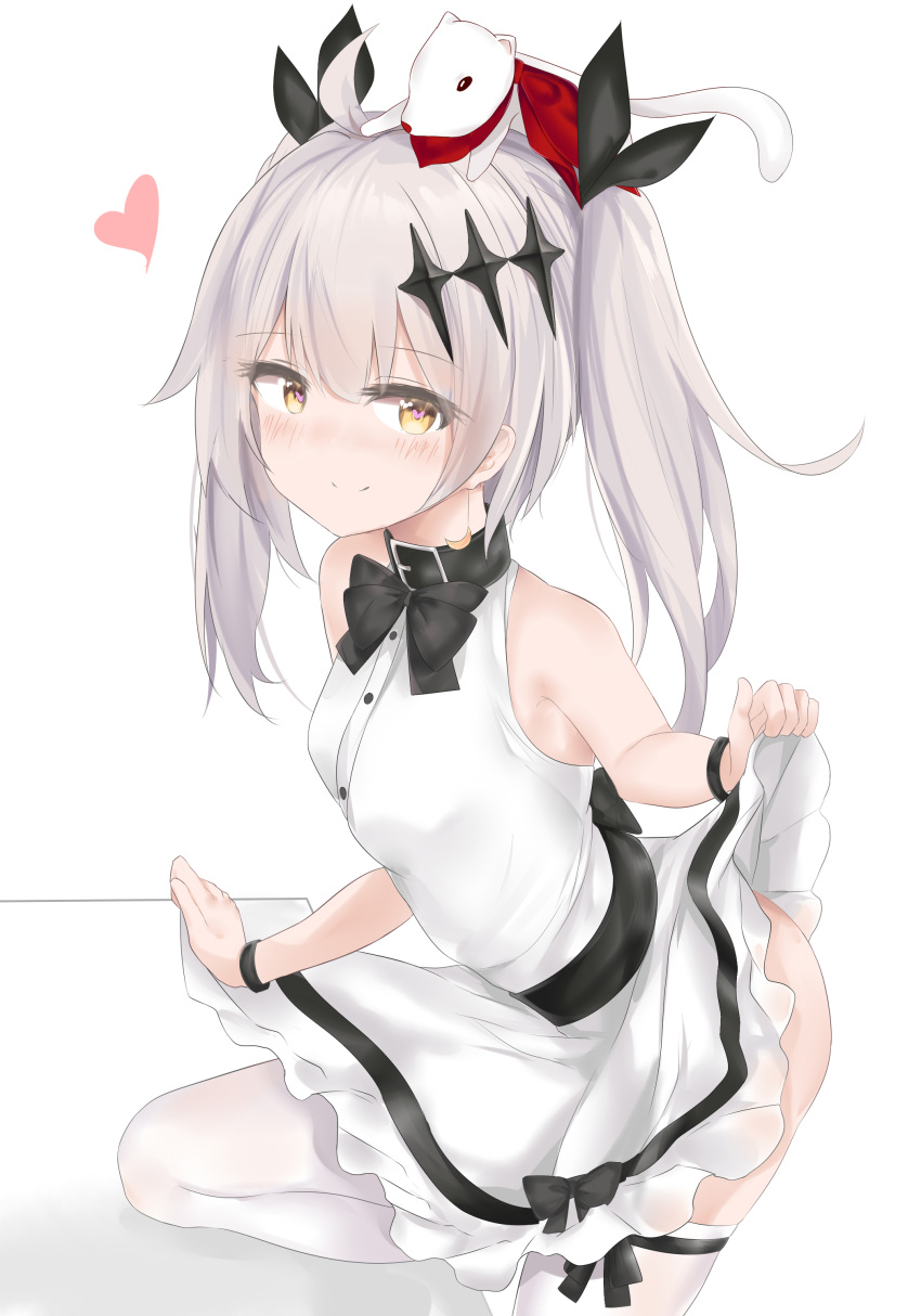 1girl absurdres ahoge alternate_costume alternate_hairstyle bare_arms bare_shoulders black_bow black_choker black_neckwear black_ribbon black_wristband blush bow bowtie breasts brown_eyes choker closed_mouth crescent_moon_earrings dress dress_lift eyebrows_visible_through_hair ferret five-seven_(girls_frontline) girls_frontline hair_bow heart heart-shaped_pupils highres jewelry lifted_by_self long_hair looking_at_viewer one_knee open_mouth ribbon ru_zhai shadow silver_hair single_earring skindentation sleeveless small_breasts smile solo symbol-shaped_pupils thigh-highs twintails underwear white_background white_dress white_legwear wristband younger