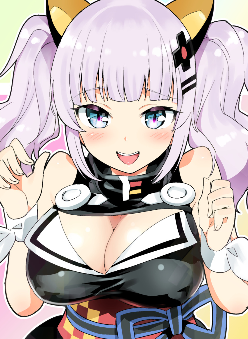 1girl :d animal_ears bangs bare_shoulders blue_eyes blunt_bangs blush breasts cat_ears cleavage cleavage_cutout dress eyebrows_visible_through_hair fake_animal_ears hair_ornament hairclip highres kaguya_luna kaguya_luna_(character) large_breasts looking_at_viewer obi open_mouth otoi_rekomaru sash silver_hair sleeveless sleeveless_dress smile twintails upper_body virtual_youtuber