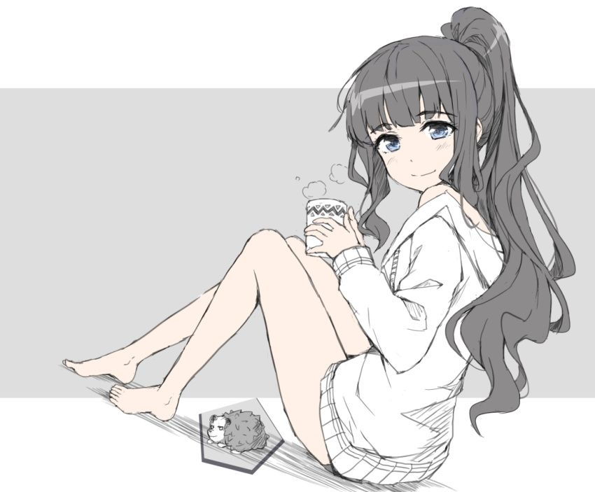 1girl bangs bare_legs barefoot blue_eyes closed_mouth commentary cup english_commentary eyebrows_visible_through_hair grey_background grey_hair hedgehog holding long_hair long_sleeves looking_at_viewer looking_back naked_sweater new_game! off_shoulder ponytail simple_background smile solo steam sweater takimoto_hifumi tonee very_long_hair