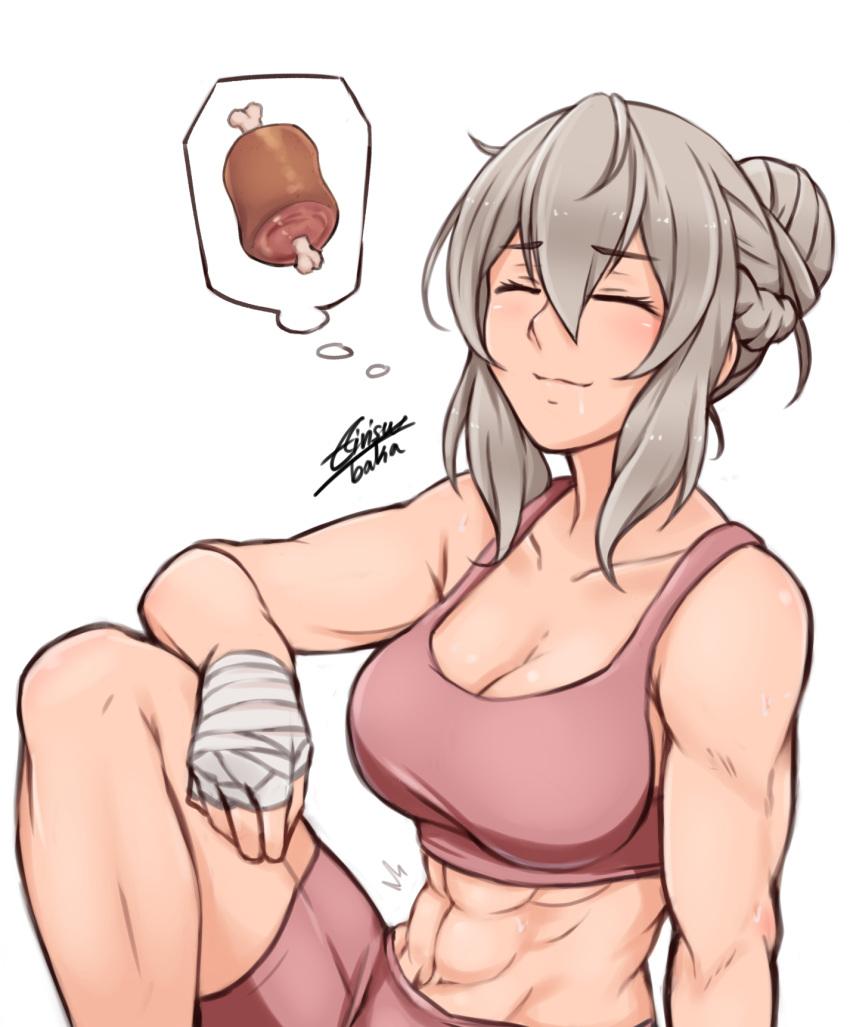 1girl abs airisubaka closed_eyes dreaming effie_(fire_emblem) eyebrows_visible_through_hair fire_emblem fire_emblem_if food grey_hair hair_bun highres meat midriff muscle muscular_female signature sports_bra thinking wrist_wrap