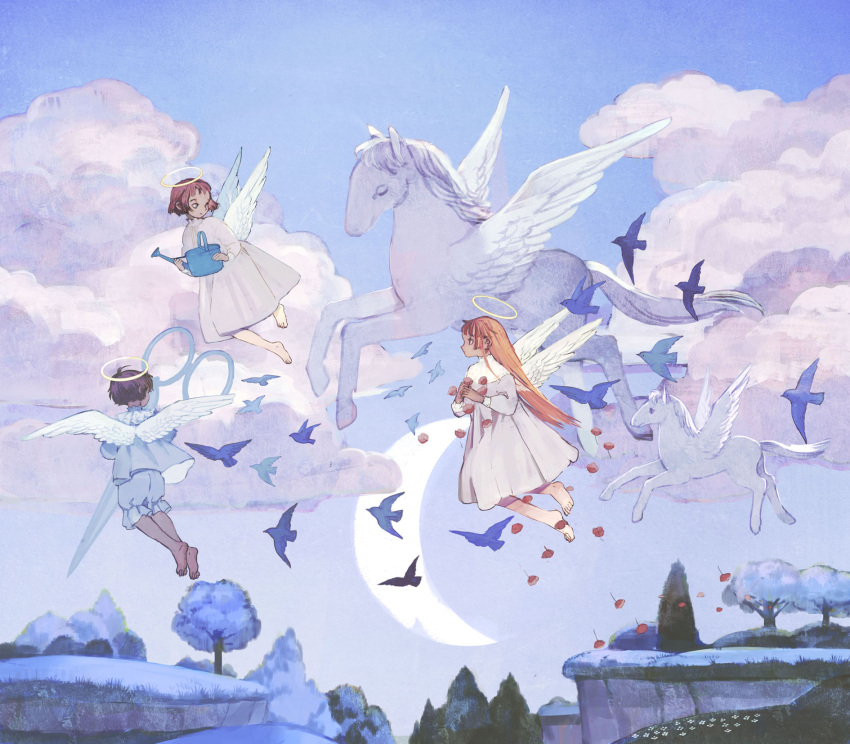 1boy 2girls ahoge angel angel_wings barefoot bird blue_bird blue_pajamas blue_sky blue_theme closed_mouth clouds collared_dress crescent_moon dress english_commentary falling_flower flower flying foal from_behind from_side grass halo highres hill holding holding_scissors holding_watering_can long_hair looking_at_another looking_back looking_down moon multiple_girls original outdoors pajamas pegasus pine_tree pink_bird pink_dress red_flower redhead scissors short_bangs short_hair sky sleeve_cuffs tono_(rt0no) tree watering_can white_flower wings