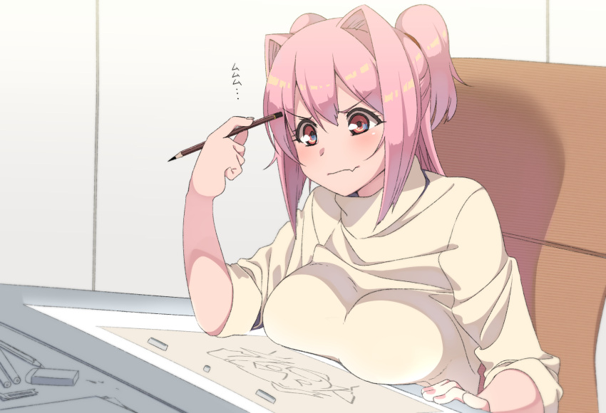 1girl bangs breast_rest breasts commentary_request concentrating drawing drawing_board eraser hair_intakes highres large_breasts miton_(turuyasann) original paper pencil pencil_to_face pink_eyes pink_hair shirt sitting sleeves_pushed_up solo two_side_up wavy_mouth yellow_shirt