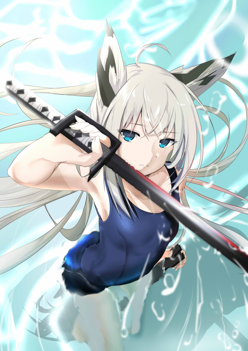 1girl ahoge animal_ears armpits azur_lane blue_eyes blue_swimsuit breasts collarbone expressionless fingernails fox_ears from_above highres holding holding_sheath holding_sword holding_weapon kawakaze_(azur_lane) long_hair partially_submerged school_swimsuit schreibe_shura sheath silver_hair small_breasts solo swimsuit sword weapon