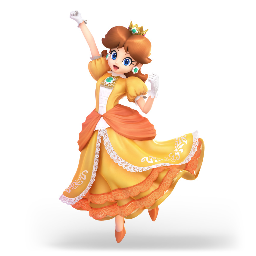 1girl 3d absurdres blue_eyes brown_hair crown dress earrings elbow_gloves eyelashes flower flower_earrings frills full_body gloves highres jewelry long_dress long_hair looking_at_viewer nintendo nintendo_ead official_art open_mouth orange_dress princess princess_daisy puffy_sleeves short_sleeves smile solo super_mario_bros. super_mario_land super_smash_bros. super_smash_bros._ultimate