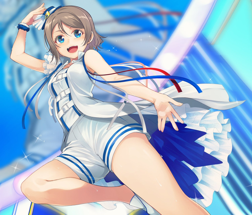 1girl :d arm_up blue_eyes blue_ribbon blurry blurry_background chest_belt commentary_request grey_hair hat highres jacket love_live! love_live!_sunshine!! nanotsuki open_mouth red_ribbon ribbon short_hair short_sleeves shorts single_sleeve sleeveless_jacket smile solo sparkle standing standing_on_one_leg upper_teeth watanabe_you white_footwear white_jacket white_ribbon white_shorts