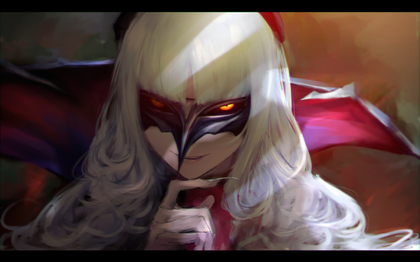 1girl black_sclera blonde_hair carmilla_(fate/grand_order) closed_mouth collar fate/grand_order fate_(series) fingernails glowing glowing_eyes hometa letterboxed long_fingernails long_hair looking_at_viewer mask sharp_fingernails smile solo white_hair