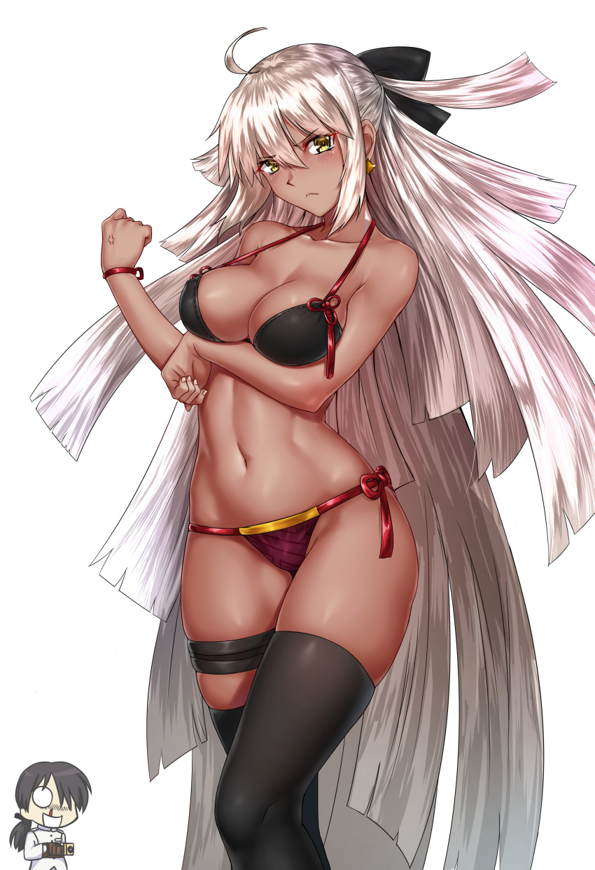 1boy 1girl absurdly_long_hair absurdres ahoge anger_vein bangs bare_arms bare_shoulders bikini black_bikini_top black_bow black_hair black_legwear blood blush bow bracelet breasts camera cleavage closed_mouth collarbone commentary_request cowboy_shot dark_skin eyebrows_visible_through_hair fate/grand_order fate_(series) feet_out_of_frame fingernails groin hair_between_eyes hair_bow hair_ornament halter_top halterneck highres holding holding_camera jewelry kai_(pixiv12466647) large_breasts legs_together long_hair looking_at_viewer midriff navel nosebleed okita_souji_(fate) okita_souji_alter_(fate) ponytail purple_bikini_bottom side-tie_bikini sidelocks simple_background skindentation solo standing stomach swimsuit thigh-highs thigh_strap toned uniform very_long_hair white_background yellow_eyes