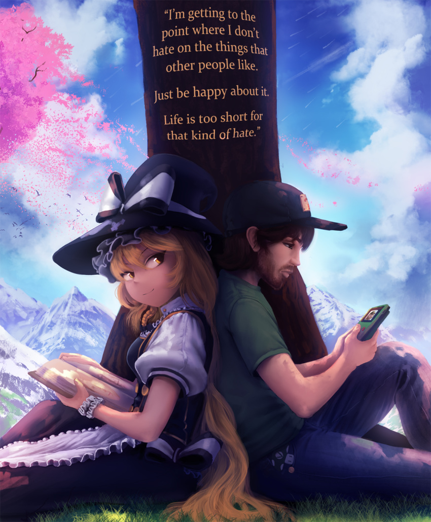 1boy 1girl amoralcrow back-to-back baseball_cap blonde_hair book day denim english game_boy handheld_game_console hat highres jeans kirisame_marisa pants shirt sitting source_request t-shirt touhou tree vinesauce vinny_(vinesauce)