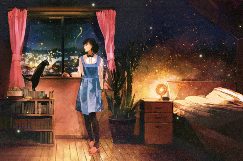 1girl bed black_cat black_hair black_legwear blue_dress book bookshelf cabinet cat clock closed_mouth commentary_request curtains dress gemi indoors lamp light_particles long_sleeves night night_sky original pantyhose pillow pinafore_dress plant potted_plant shirt short_hair sky slippers smile solo white_shirt window