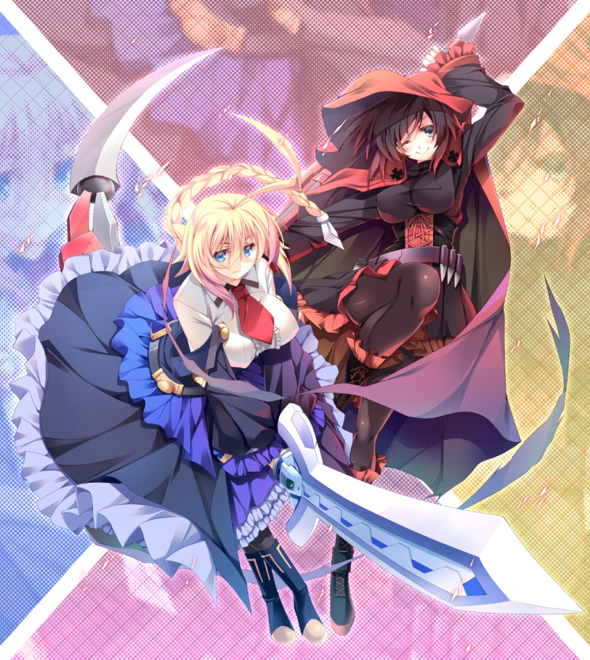 2girls ahoge black_dress black_hair black_legwear blazblue blazblue:_cross_tag_battle blonde_hair blue_dress blue_eyes blush boots braid breasts cape cloak closed_mouth commentary_request corset crescent_rose cross-laced_footwear dress es_(xblaze) frilled_dress frills gradient_hair grey_eyes highres holding holding_sword holding_weapon hood hooded_cloak huge_ahoge knee_boots lace-up_boots large_breasts long_hair long_sleeves looking_at_viewer multicolored_hair multiple_girls pantyhose red_cape redhead ruby_rose rwby scythe short_hair single_braid sword taut_clothes two-tone_hair underbust weapon xblaze yuuki_makoto_(radiant)